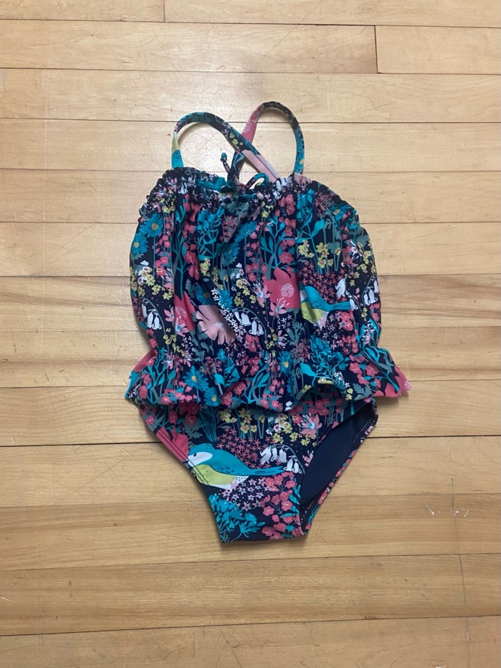 Toddler 3T Bathing Suit Baby Gap One Piece Floral, Blue and Pink Flowers Ruffles
